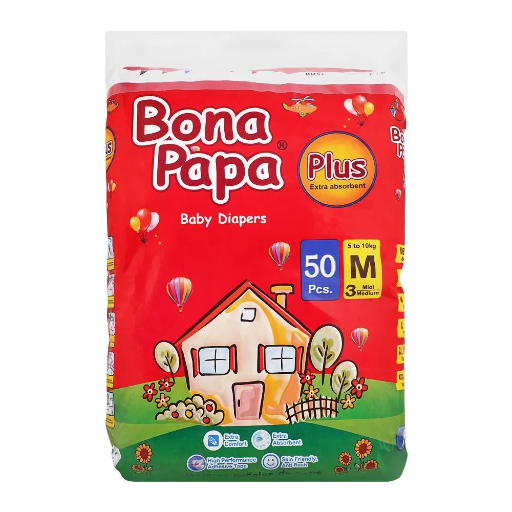 Bona Papa Plus Baby Diapers, Medium, No. 3, 5-10kg, 50-Pack