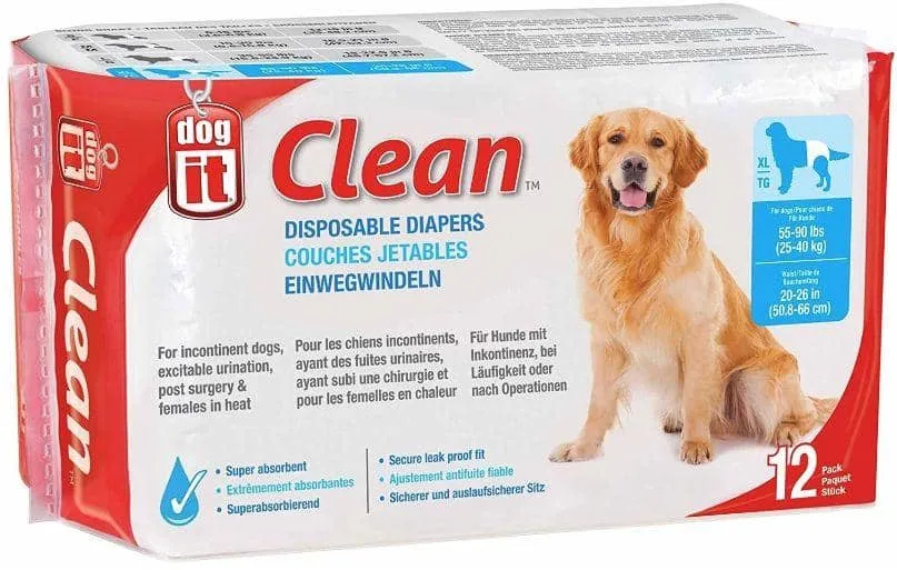 Dog It Clean Disposable Diapers - X-Large - 12 Pack - 55-90 lb Dogs - (20-26" Waist)