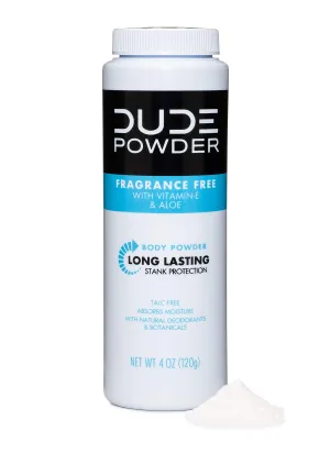 DUDE Body Powder Fragrance Free 4 Ounce Bottle Natural Deodorizers With Chamomile