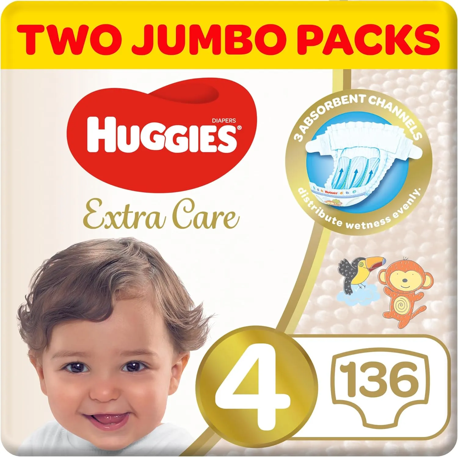 Huggies Extra Care Baby Diapers - Size 4 - From 8 To 14 Kg - Jumbo Pack Of (68 X 2) 136 Diapers