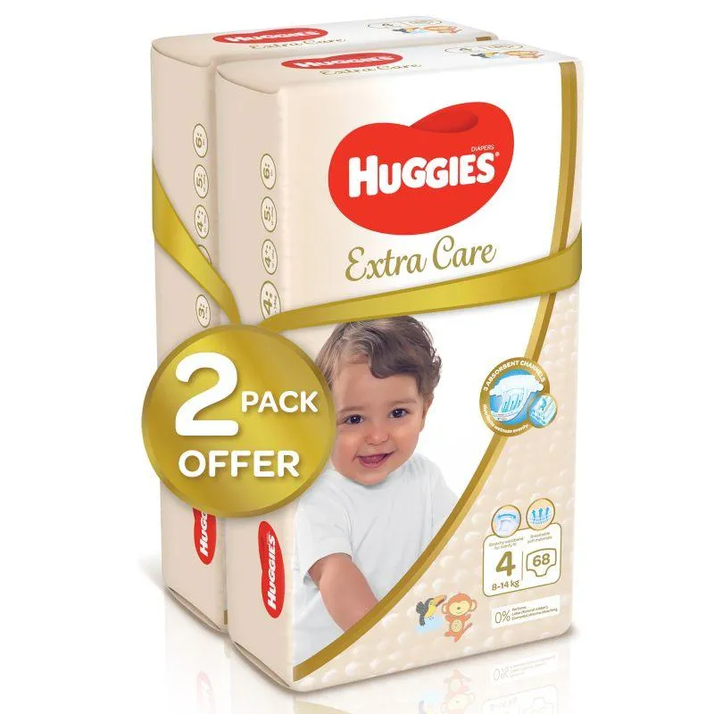 Huggies Extra Care Baby Diapers - Size 4 - From 8 To 14 Kg - Jumbo Pack Of (68 X 2) 136 Diapers