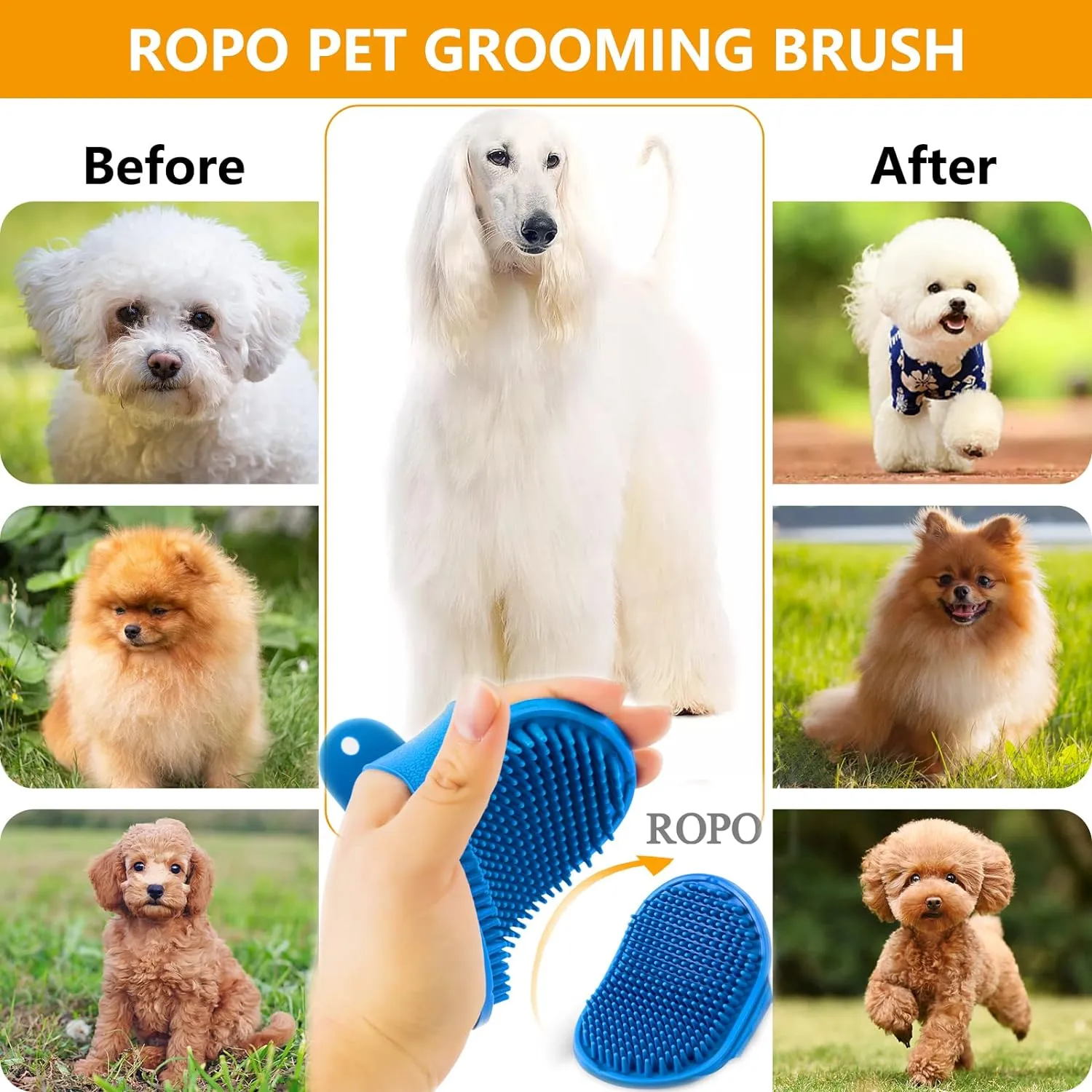 NEW ROPO Dog Grooming Brush, Pet Shampoo Bath Brush Soothing Massage Rubber Comb with Adjustable Ring Handle for Long Short Haired Dogs and Cats 2pcs