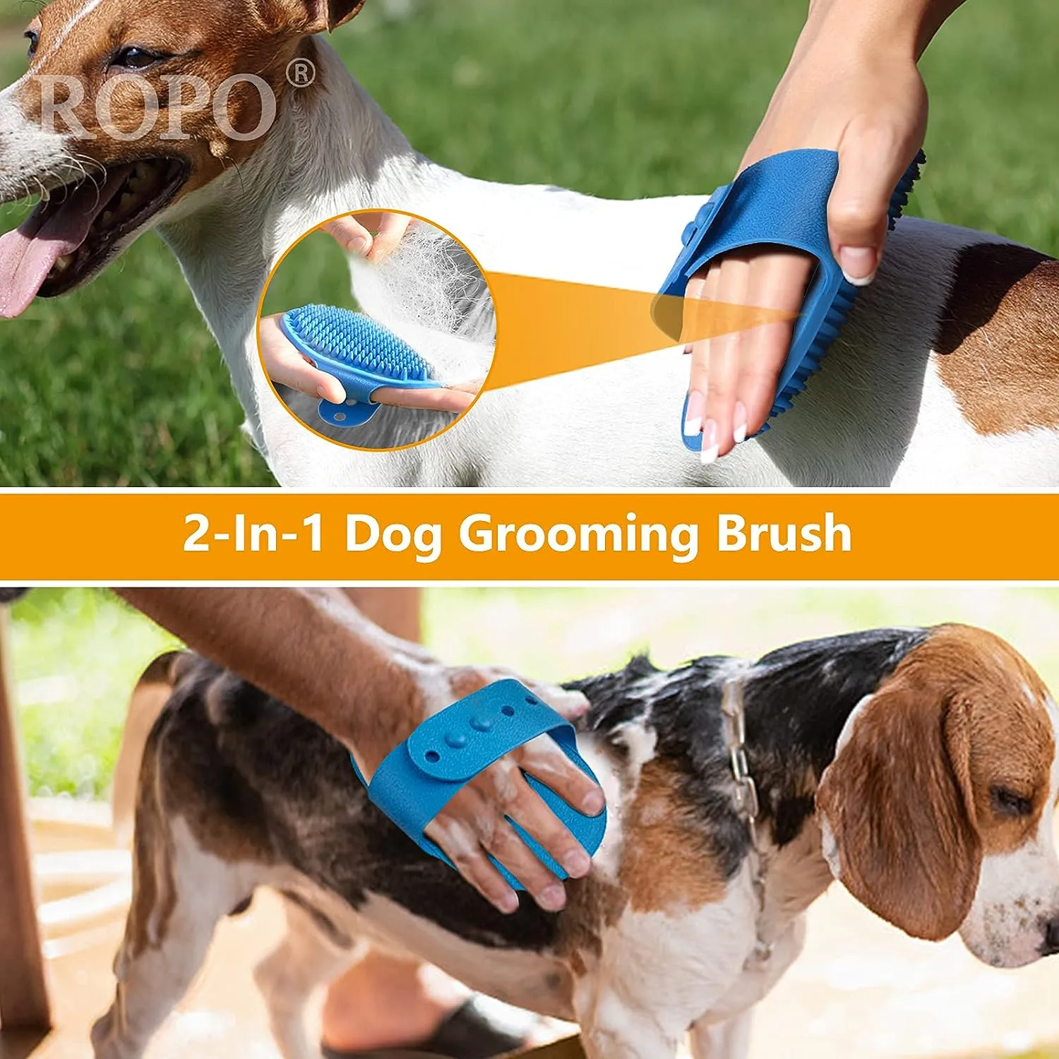 NEW ROPO Dog Grooming Brush, Pet Shampoo Bath Brush Soothing Massage Rubber Comb with Adjustable Ring Handle for Long Short Haired Dogs and Cats 2pcs
