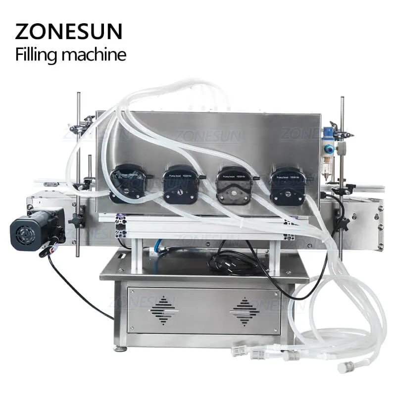 ZONESUN Desktop Automatic Peristaltic Pump Liquid Filling Machine For Milk Water Solvent Filler With Chain Conveyor Belt